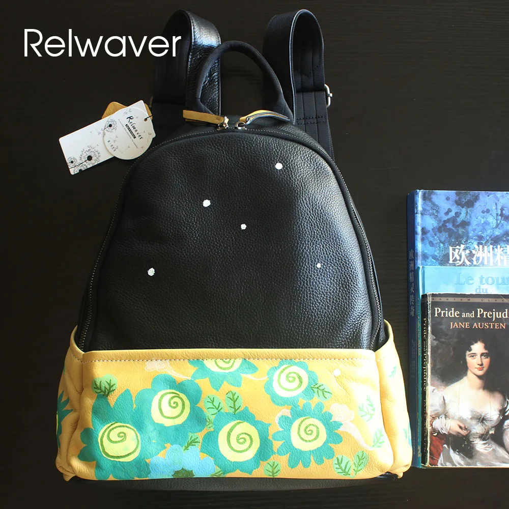 

Relwaver backpack women genuine leather 2023 spring new hand painted flower big backpack girl student preppy school bag