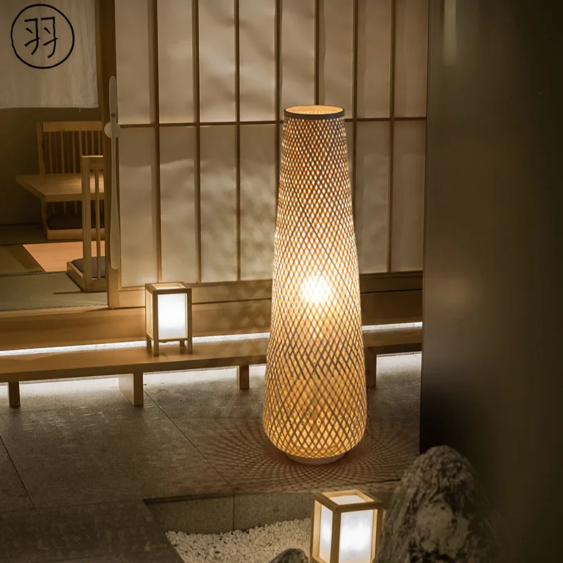 Japanese Cylinder Floor Lamp Wooden E27 Floor light Wicker Standing Tea Bedroom Bedside Living Woven Retro Bamboo Floor Lamp