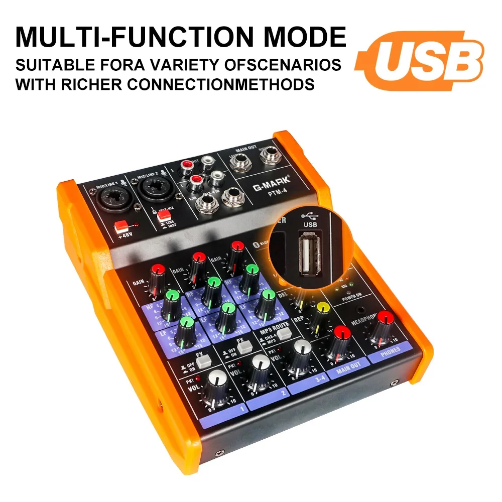 Mezclador de placa de sonido PTM-4 Bluetooth 48V consola mezcladora de energía fantasma interfaz USB para estudio grabación en vivo ordenador de fiesta