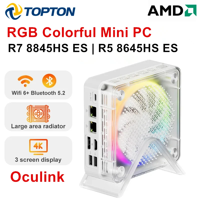 Topton MINIPC AMD Ryzen 7 8845HS ES R5 8645HS ES Oculink Mini PC couleur rvb Gamer Windows 11 WiFi 6 2x2.5G LAN USB4.0 4K ordinateur