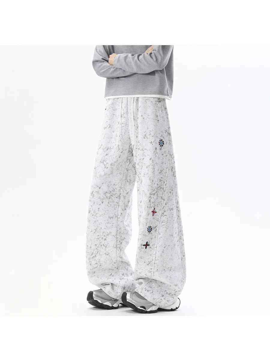 American Sle Tie Dye Fce Lined Casual Pants Men's Loose Wide Leg Straight Cut Trousers Spring Autumn Seasonal Design