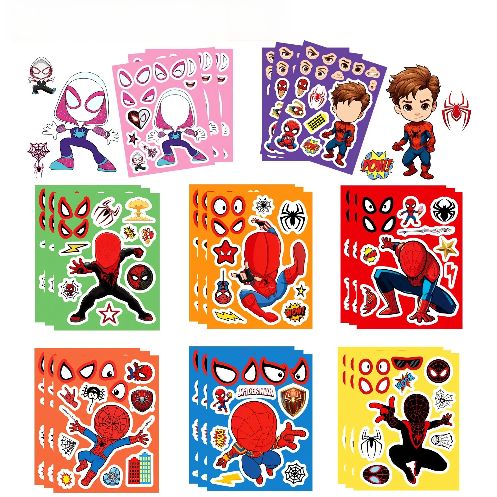 8 hojas de pegatinas de dibujos animados de Spiderman de Disney, rompecabezas de Marvel, juego de pegatinas para hacer caras, juguetes de rompecabezas para niños, bricolaje