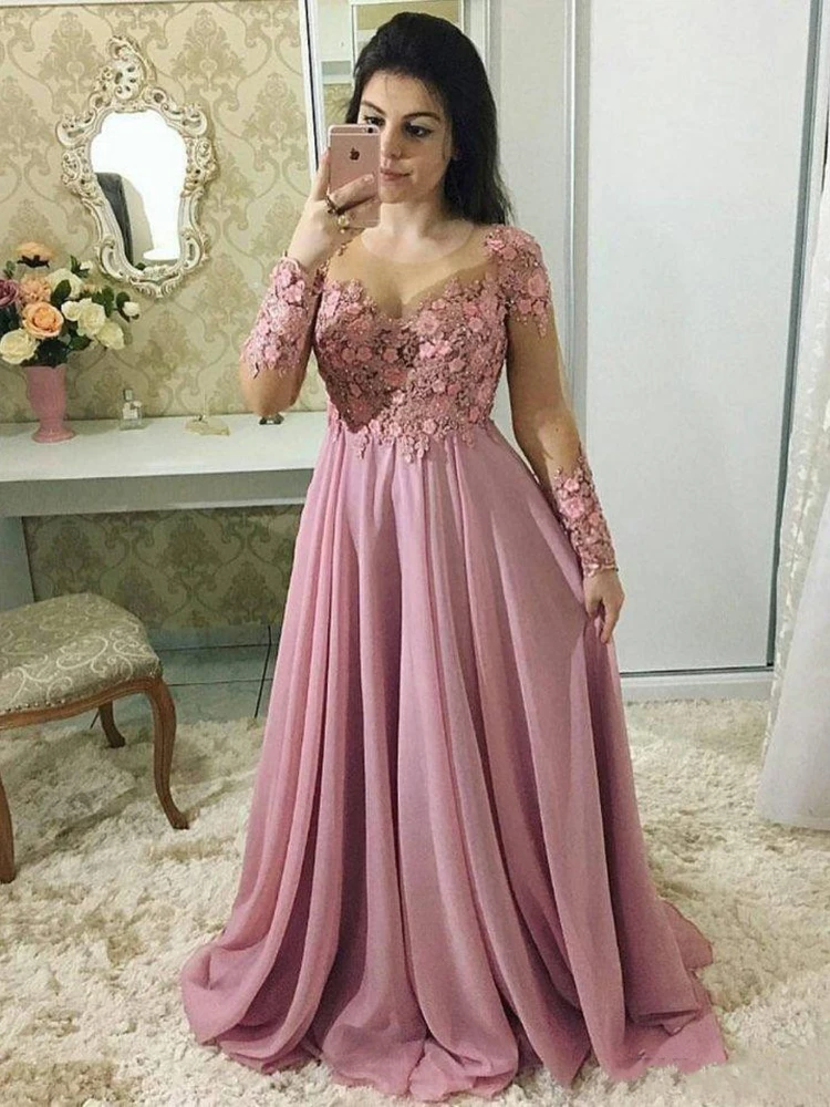 Customized Long Sleeves Pink Mother Of The Bride Dresses Illusion Lace Appliques Flowers Party Evening Wedding Guest Gowns