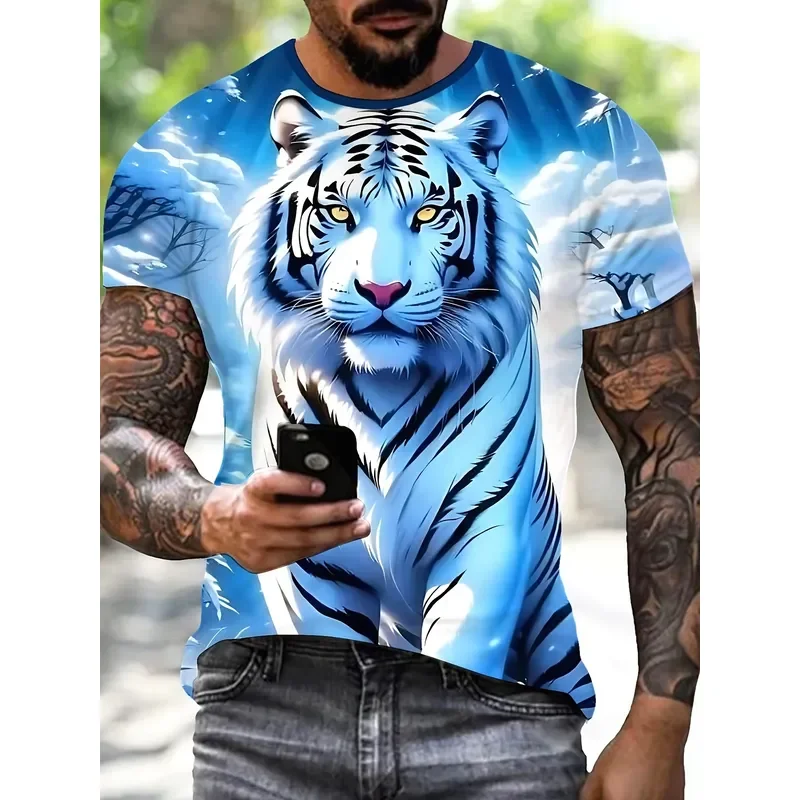 2026 Men's 3D Tiger Print Short Sleeve Crew Neck T-Shirt Breathable Stretch Casual Fashion Top for Outdoor Activities Party