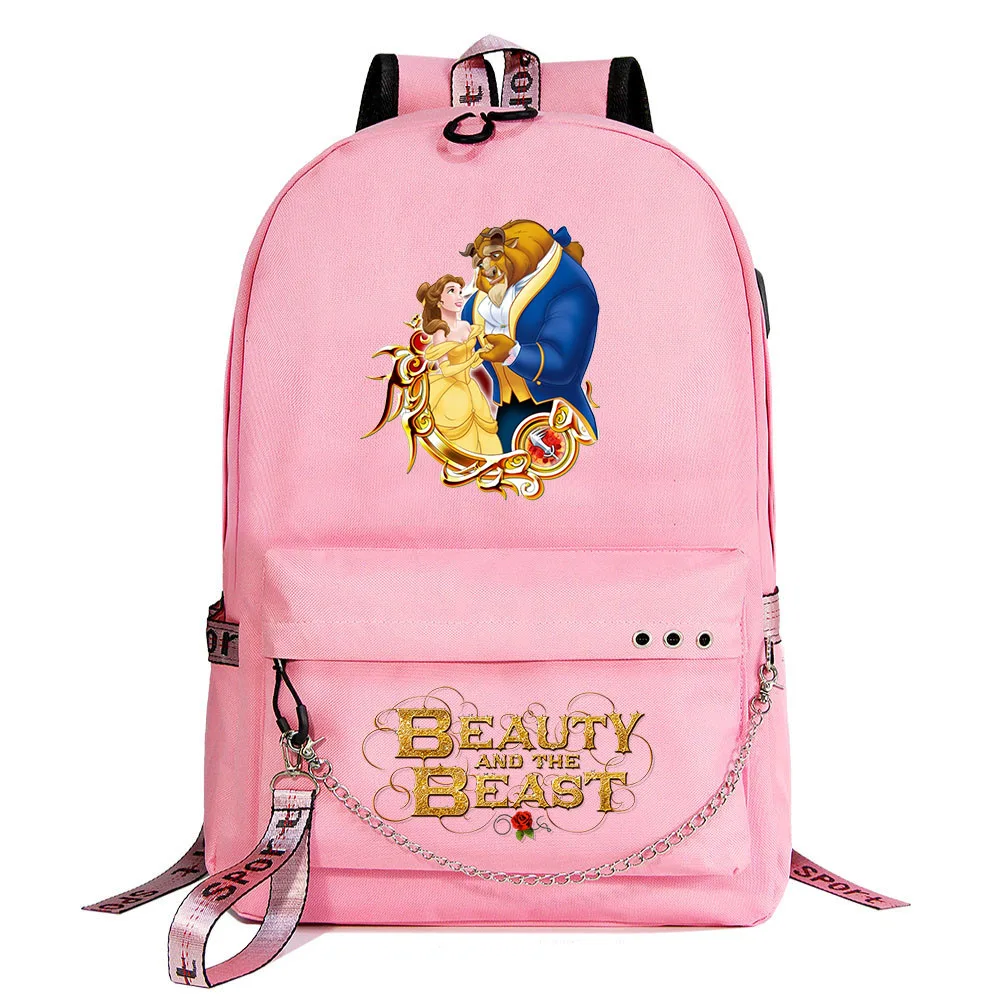 

MINISO Fashion Beauty and the Beast Backpack Teenager USB Charging Chain Travel Backpack Student College Bookbag Mochila