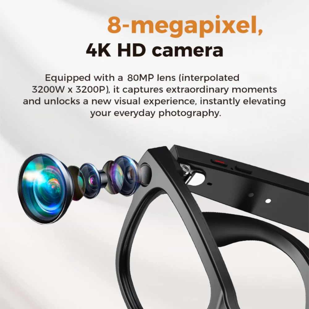 스마트 안경 800만 화소 4K HD 카메라 사진 촬영 비디오 녹화 실시간 번역 EIS 흔들림 방지 블루투스 통화 음악