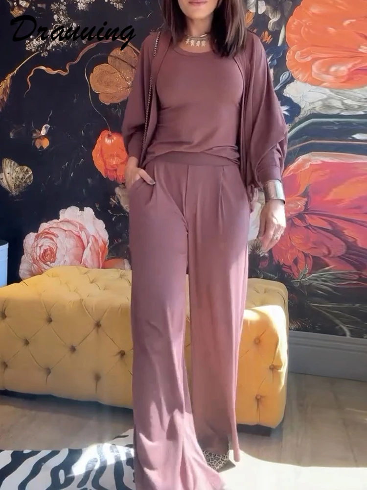 Drauuing 3 Pieces Sets Women Top With Wide Leg Pant Women Loose Casual Fashion Pant Sets Women Cardigan Outfits 3 Pieces Sets