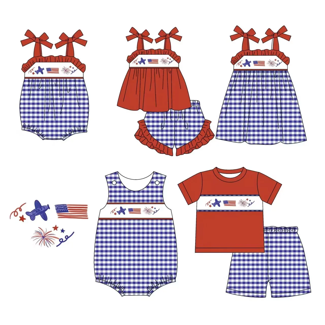 New 7.4 Matching Set Children's Independence Day Set Fireworks Flag Printed Blue Plaid Red Top Summer Milk Silk