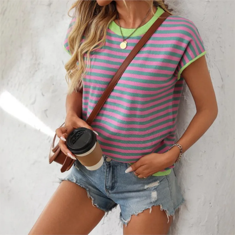

Женская футболка с короткими рукавами и контрастными полосками, универсальный новый топ с круглым вырезом для весны и лета, повседневный топ для ежедневных поездок на работу
