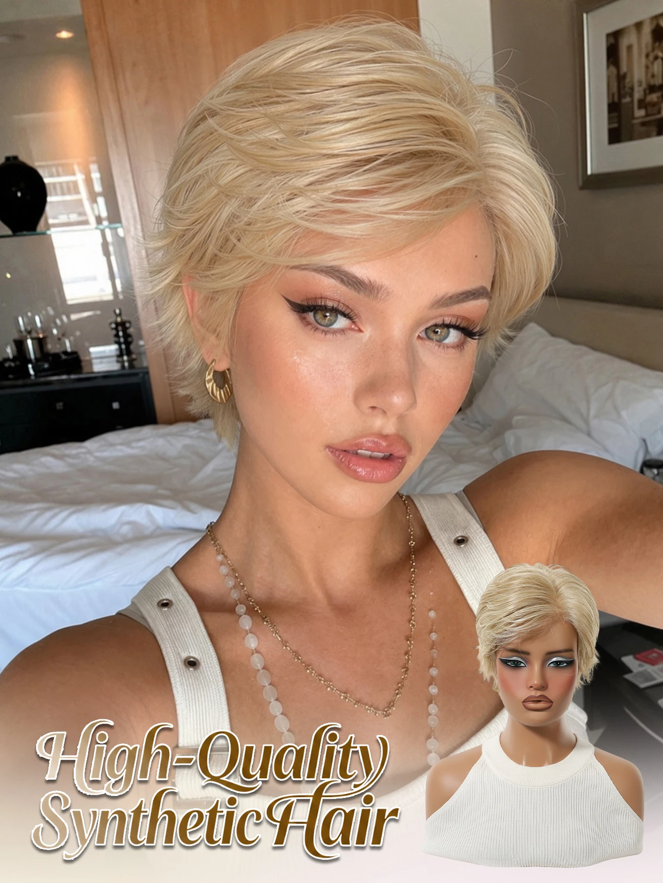 Blonde Short Layered Synthetic MONO Wig 5x5.5 Hand Tied Mono Top Import High Temp Fiber Breathable Adjustable Cap Daily Wig For