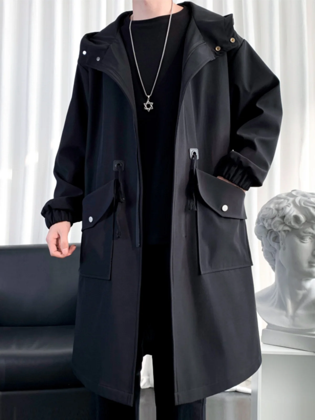 

Мужское пальто в американском ретро-стиле, удлиненное, повседневное, премиум-класса, ветровка с пуговицами, свободный крой, молодежный тренд