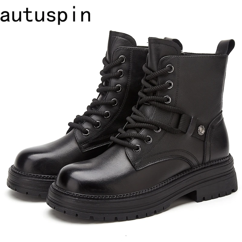 

AUTUSPIN Winter Basic Women's Boots 2025 Classic Black Genuine Leather Ankle Boot Female Outdoor Leisure Shoes British Style