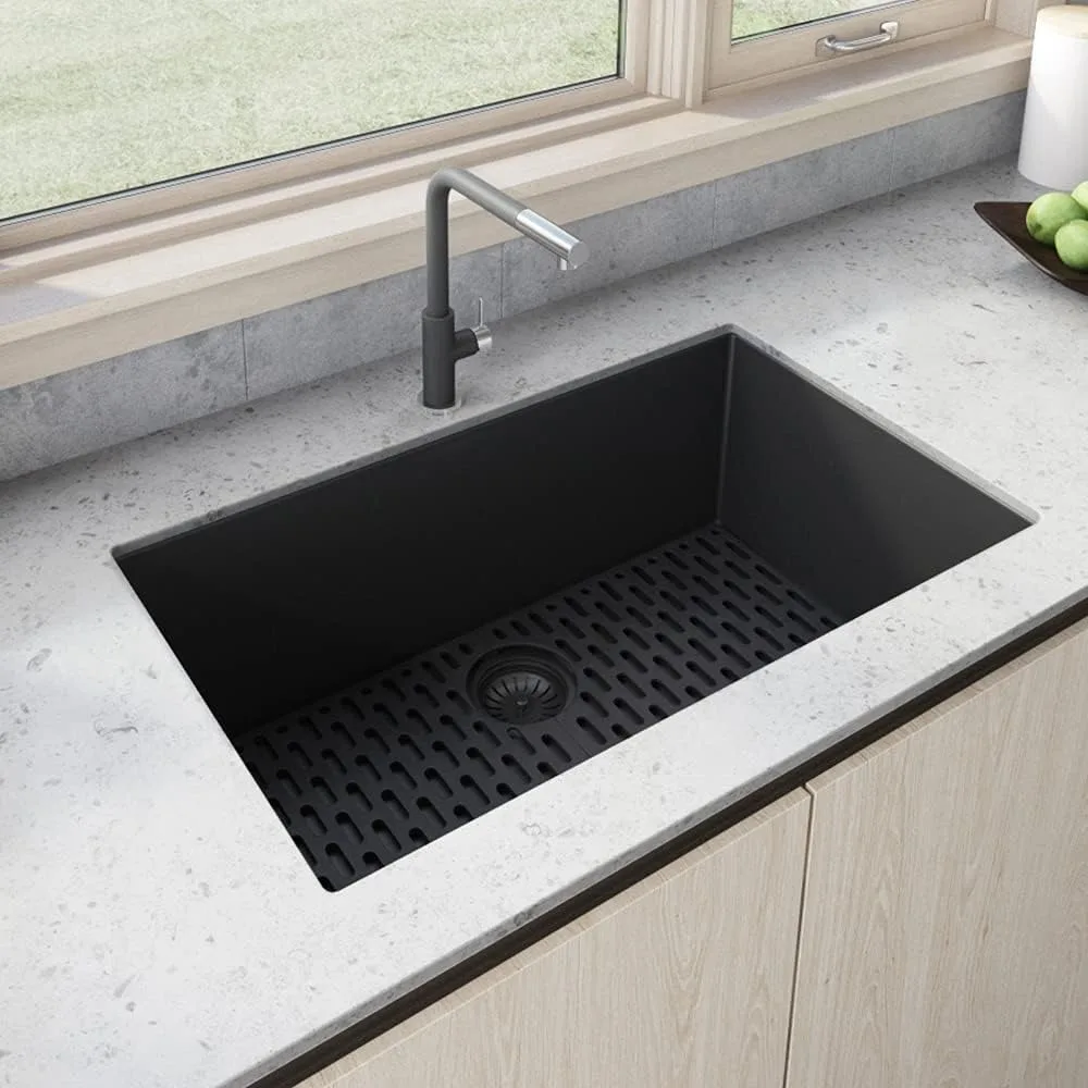 30 X 18 Inch Granite Composite Undermount Single Bowl Kitchen Sink - Midnight Black - Stainless Steel Kitchen Sinks Fixture Home