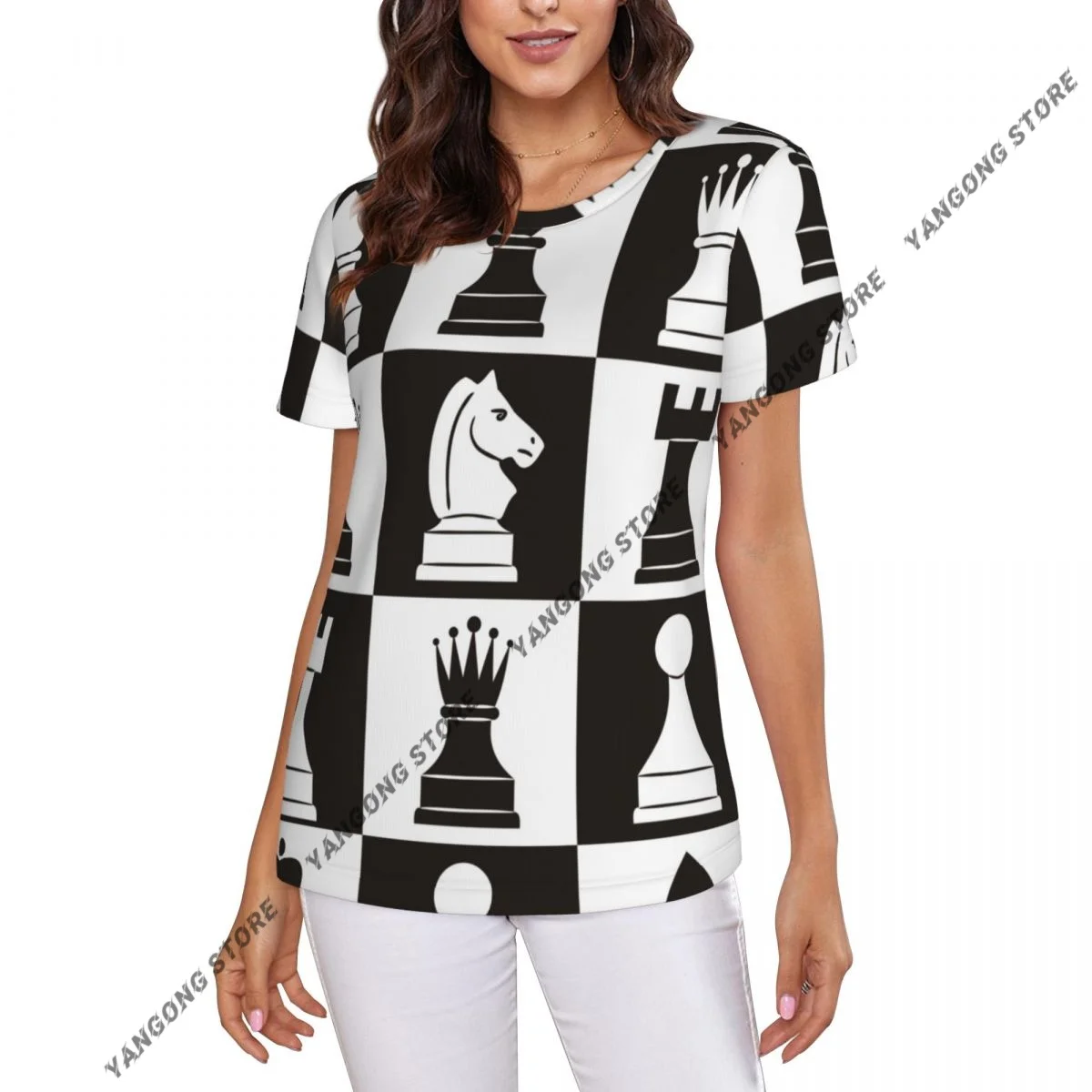 T Shirt Women Chess Pieces On Board Tee Shirt Casual Round Neck Short Sleeve Streetwear Female T-Shirt