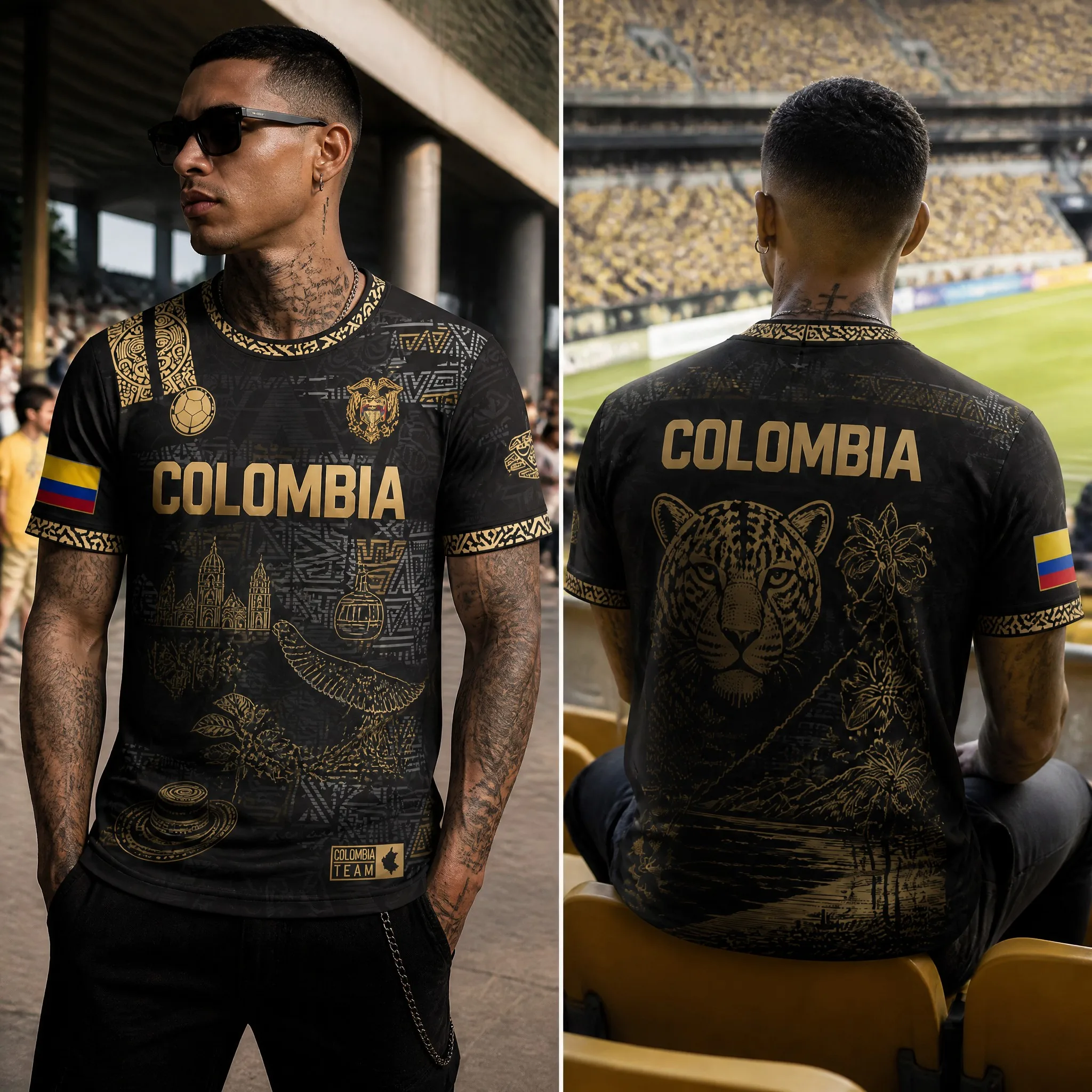 Mens Colombia Crew Neck T Shirt Black Gold Jaguar Eagle Church Flower Graphic Short Sleeve Stadium Casual Top Fashion Streetwear