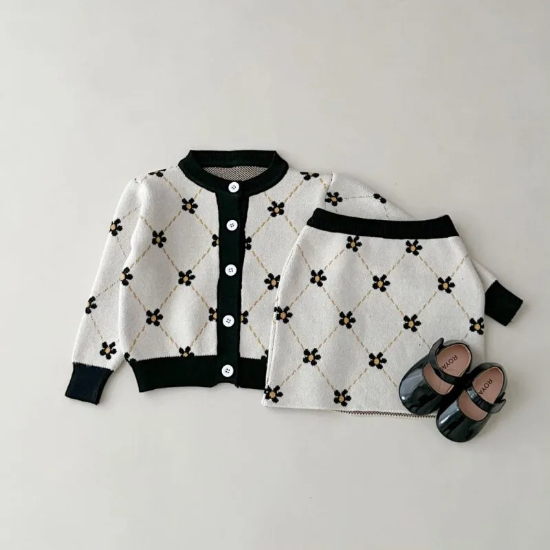 2024 Girls Sweater Set Little Girl Fashion Toddler Korean Style Top+Skirt Two-piece Sets Kids Party Cute Cotton Autumn Clothing