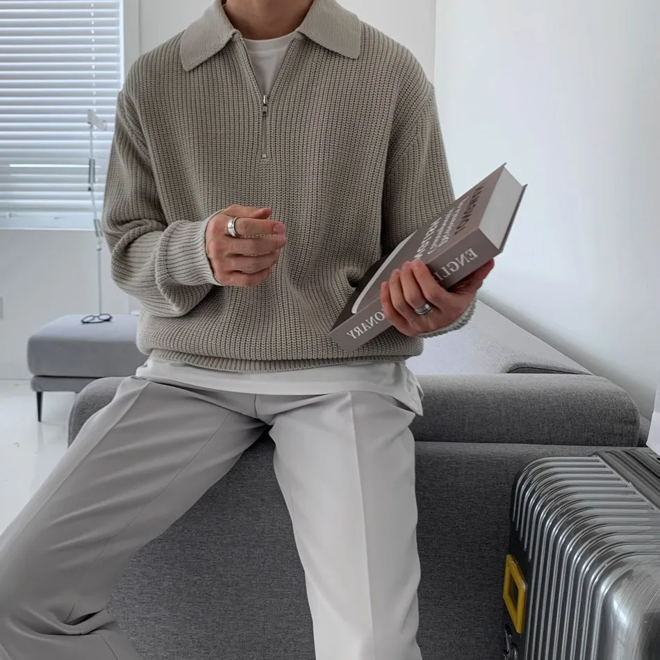 ملابس تريكو كاجوال كاجوال للرجال من American Sle بسحاب للخريف والشتاء من ألياف البوليستر فضفاضة ودافئة ومرنة