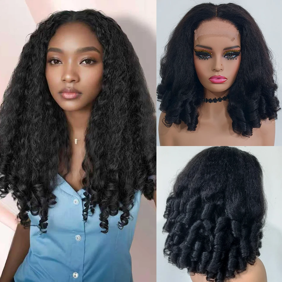 Pelucas de Cabello Humano Vietnamita 100% con Densidad del 250%, Ondas Sueltas Yaki Bouncy, Cierre de Encaje HD 5x5, 18 Pulgadas, Afro Kinky Liso con Rizo Birmano