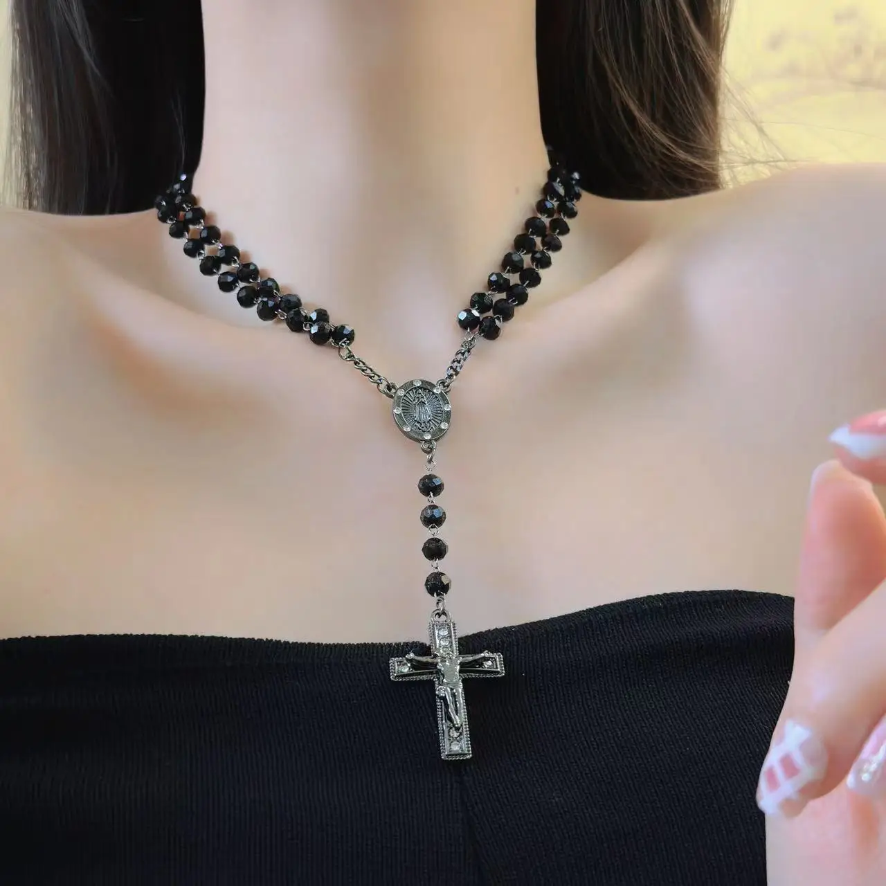 أزياء خمر الصليب مريم العذراء قلادة الصليب قلادة يسوع حبات المسبحة سلسلة