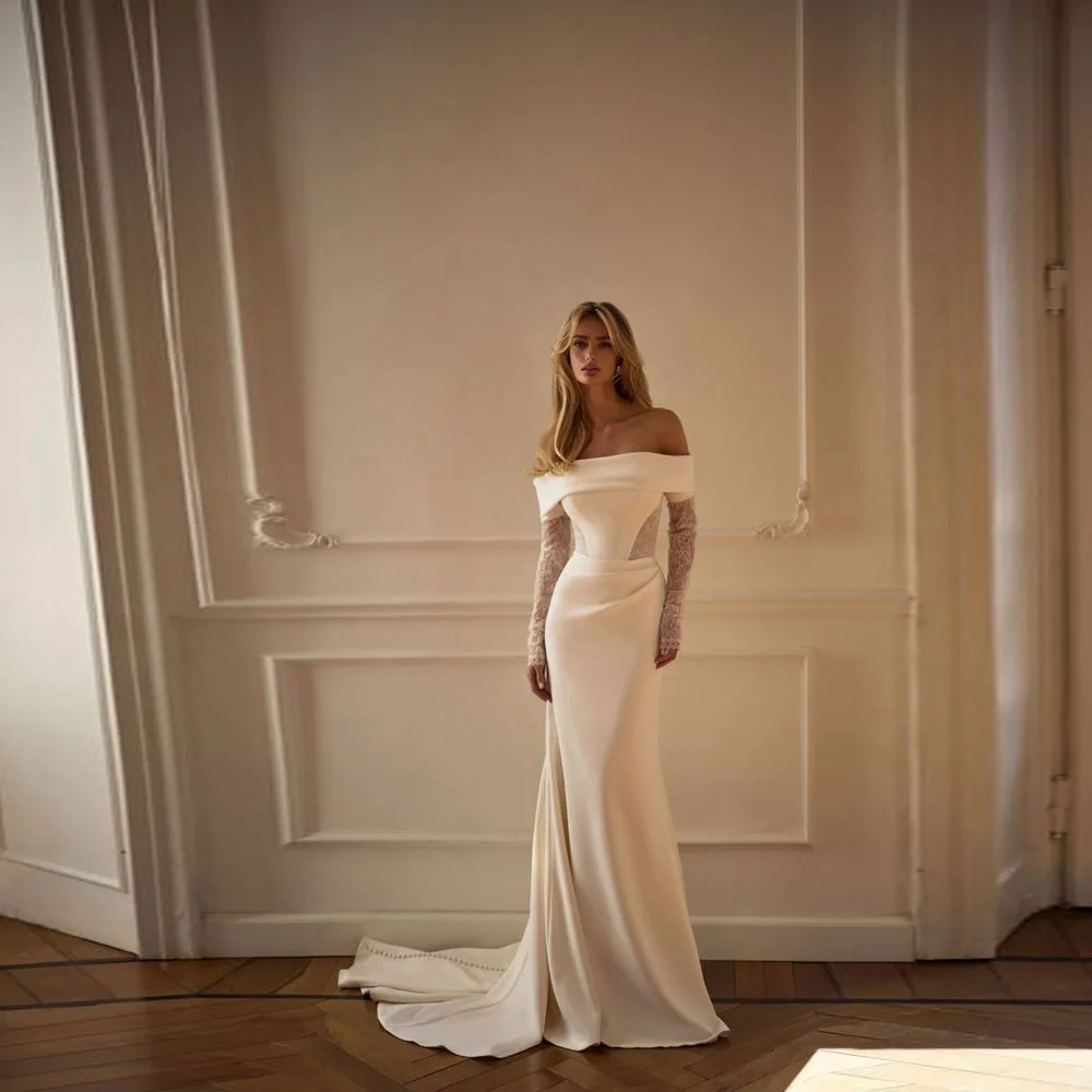 

Customized Elegant Off The Shoulder Long Sleeves Satin Mermaid Wedding Dresses Short Tail Custom Made 2025 Vestido De Noival
