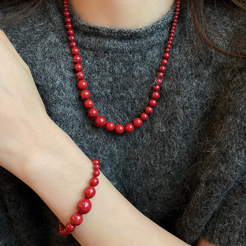 Minar INS Fashion Red Coloured Glaze Strand Beaded Necklace for Women Femme 18K Gold Plated Titanium Steel Sweater Chain Chokers