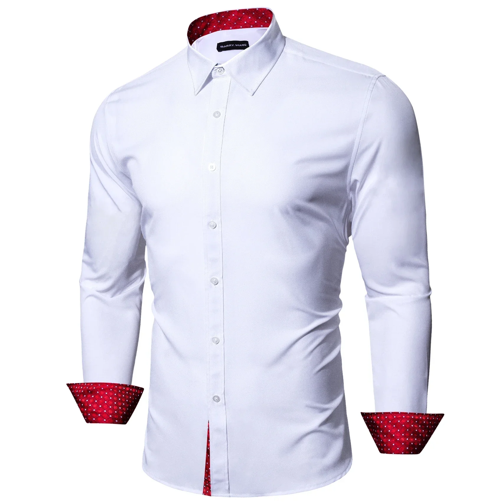 

Luxury Shirts for Men Silk Long Sleeve White Solid Patch Red Slim Fit Male Blouse Spring Autumn Casual Lapel Tops Barry Wang