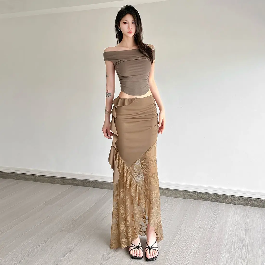 French Vintage Brown Irregular Lace Splicing Lotus Leaf Skirt Female Bodycon Hip Sexy Maxi Jupe Mujer Costume A-line Faldas