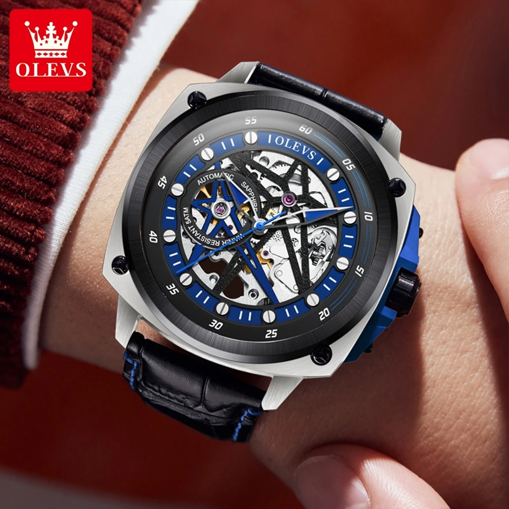 OLEVS Men\'s Watches Double Star Skeleton Original Automatic Mechanical Monvement 50m Waterproof Leather Strap Lunminous Ruby
