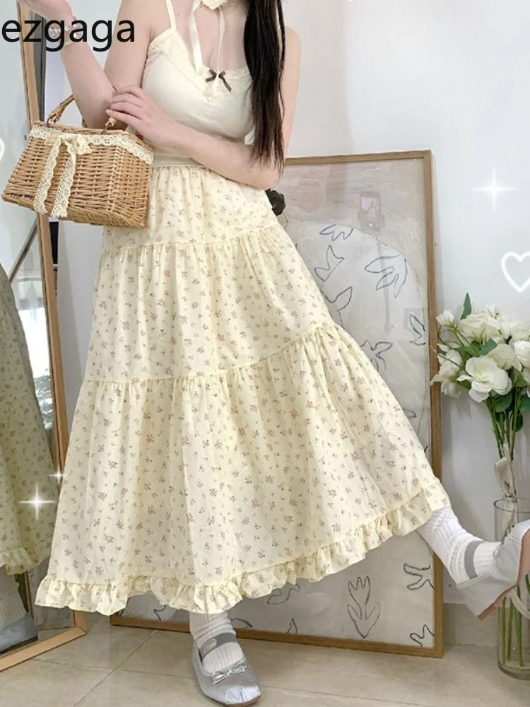 

Ezgaga Women Skirts Sweet Ruffles Patchwork Floral Printed High Waist Fashion Loose Elegant Chic Long Skirt Female Casual