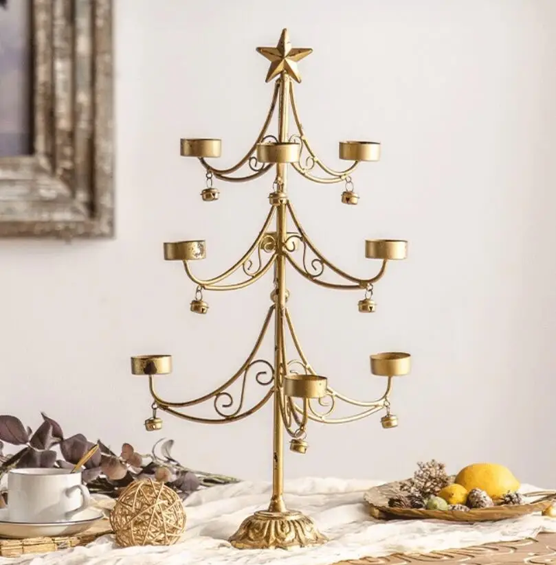 Christmas Tree Design French Rustic Vintage Counter Decoration Metal Candle Holder with Bells