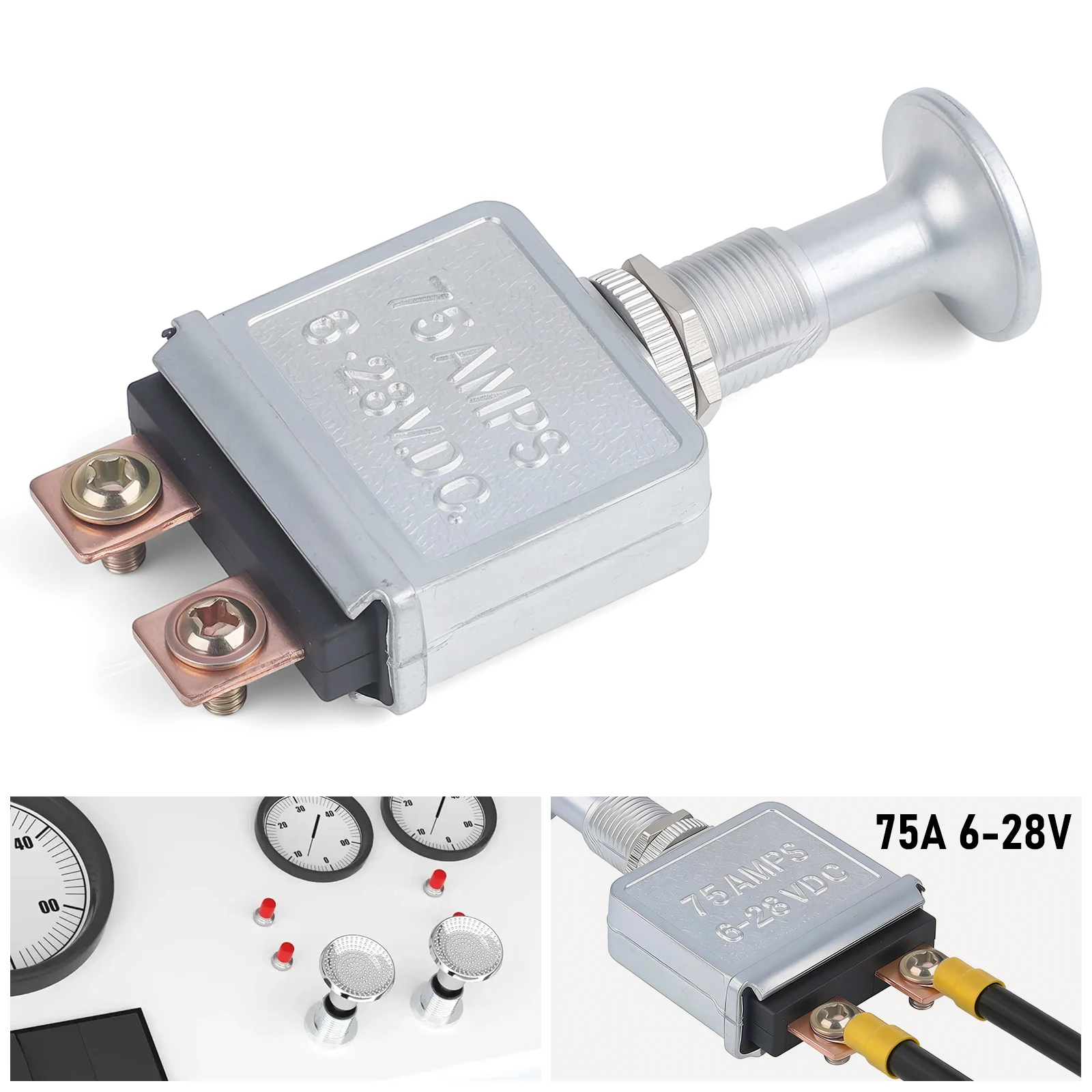 

Universal Heavy Duty Push-Pull Switch On/Off 75A 6-28V DC 2 Position SPST Silver Zink Alloy For Automotive Marine Boat