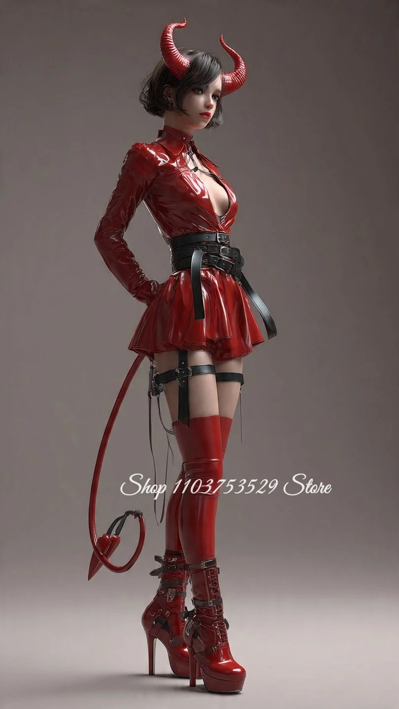 Maßgeschneidertes rotes Leder Cosplay Ballkleid Mini V-Ausschnitt Rock Cosplay Kostüm Abendkleid für besondere Anlässe Maskerade Ballkleid