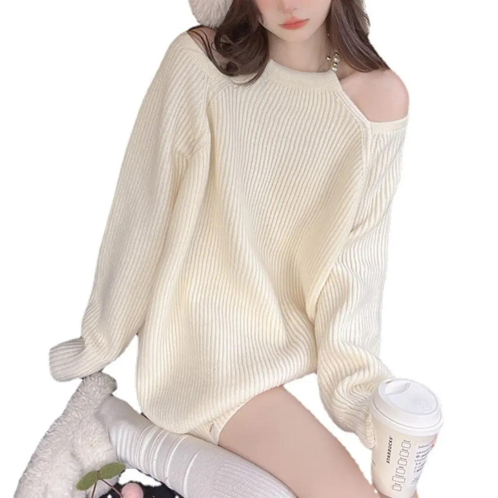 

Women's Pure Desire Pearl Shoulder Knitted Sweater Mid-Length Autumn Top with Holes Long Sleeve Coat
