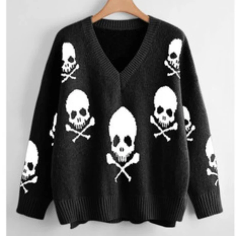 2024 European and American New Halloween Funny Printed Warm Sweater Y2K Black Skull Winter Sweater Knitted Sweater