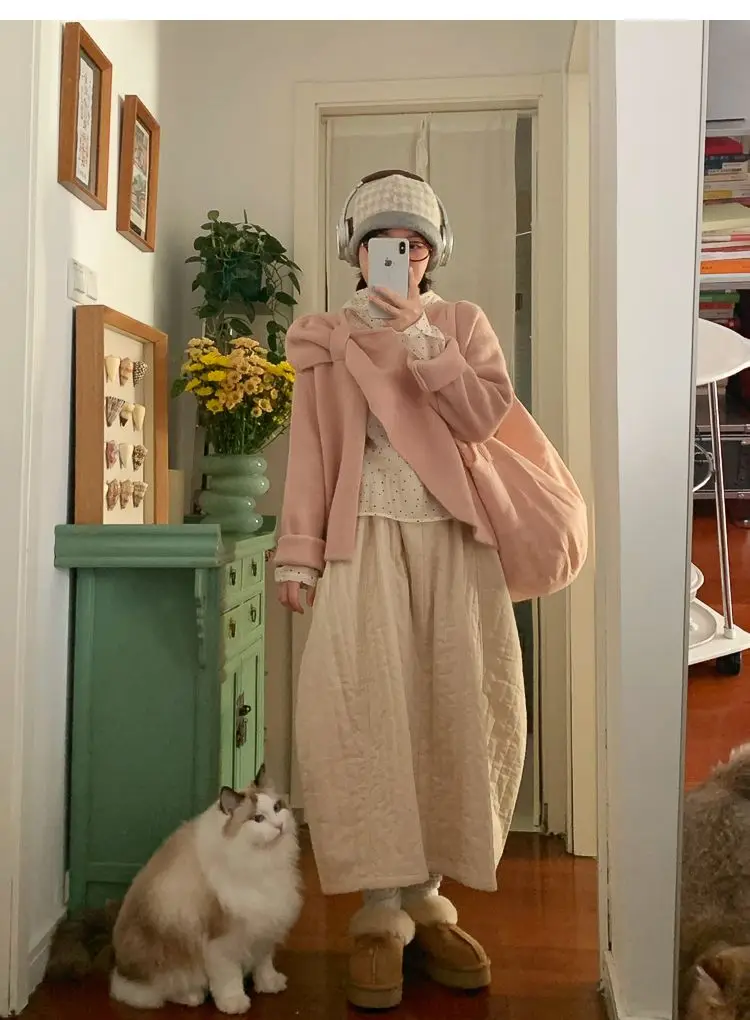 Corduroy Quilted Long Skirts Women Cotton Padded Maxi Skirt Harajuku Winter Warm Vintage Midi Skirts Korean Ladies Beige Skirt