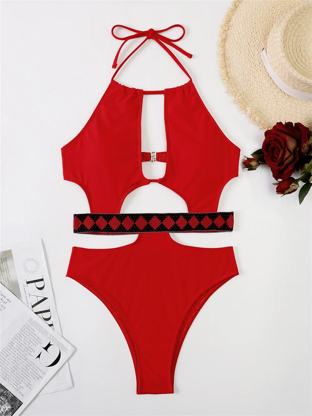 

Sexy Boho Bandage Bikini Red Y2K Hollow Out Extreme Monokini Backless Halter String Swimsuit Vacation Swimwear Women Beach Suits