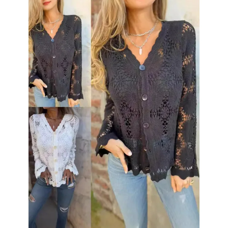 2025 nuevo cárdigan de manga larga para mujer, blusa con ribete de encaje y cuello en V, camisa ajustada con mangas voladoras y temperamento