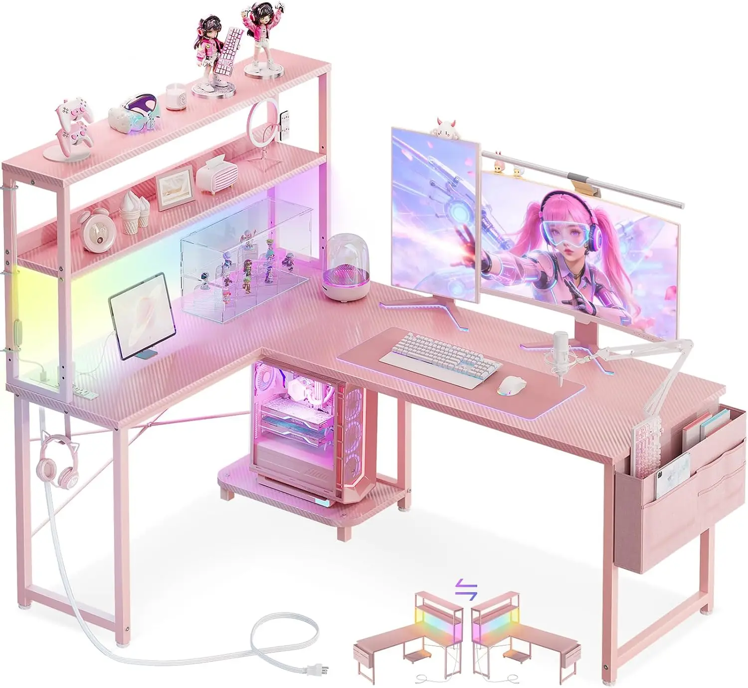 L Shaped Desk Gaming Desk with LED Light & Power Outlet, 53 Inch Reversible L Shaped Computer Table with Shelf & Storage Bag & H