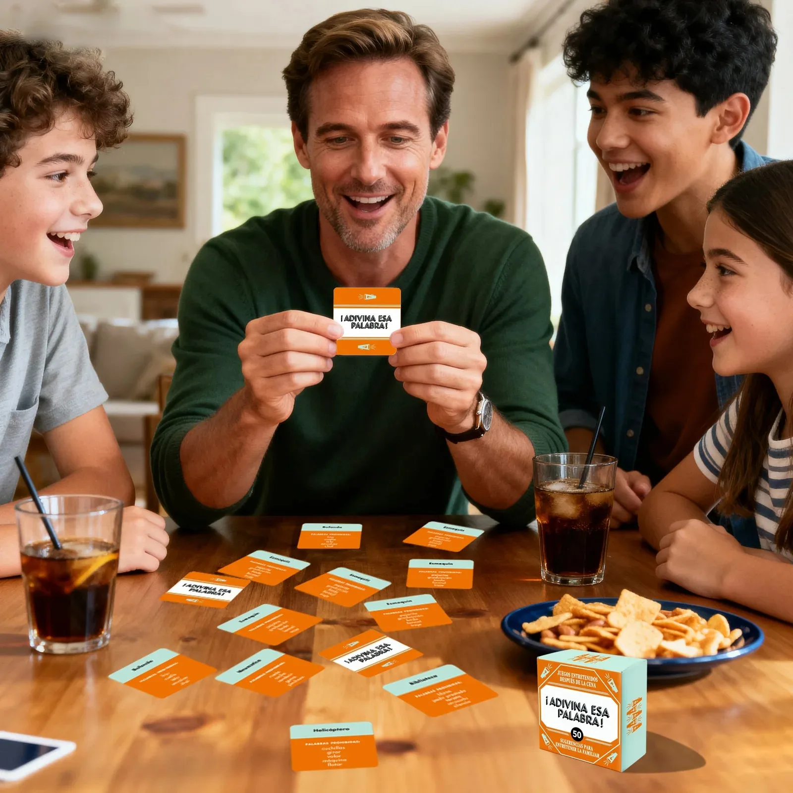 Cartas de juego de tamaño mini español "¡Nombre que palabra!) Juego de cartas de 50 Uds., juego de cartas de reunión familiar, juego de acampada