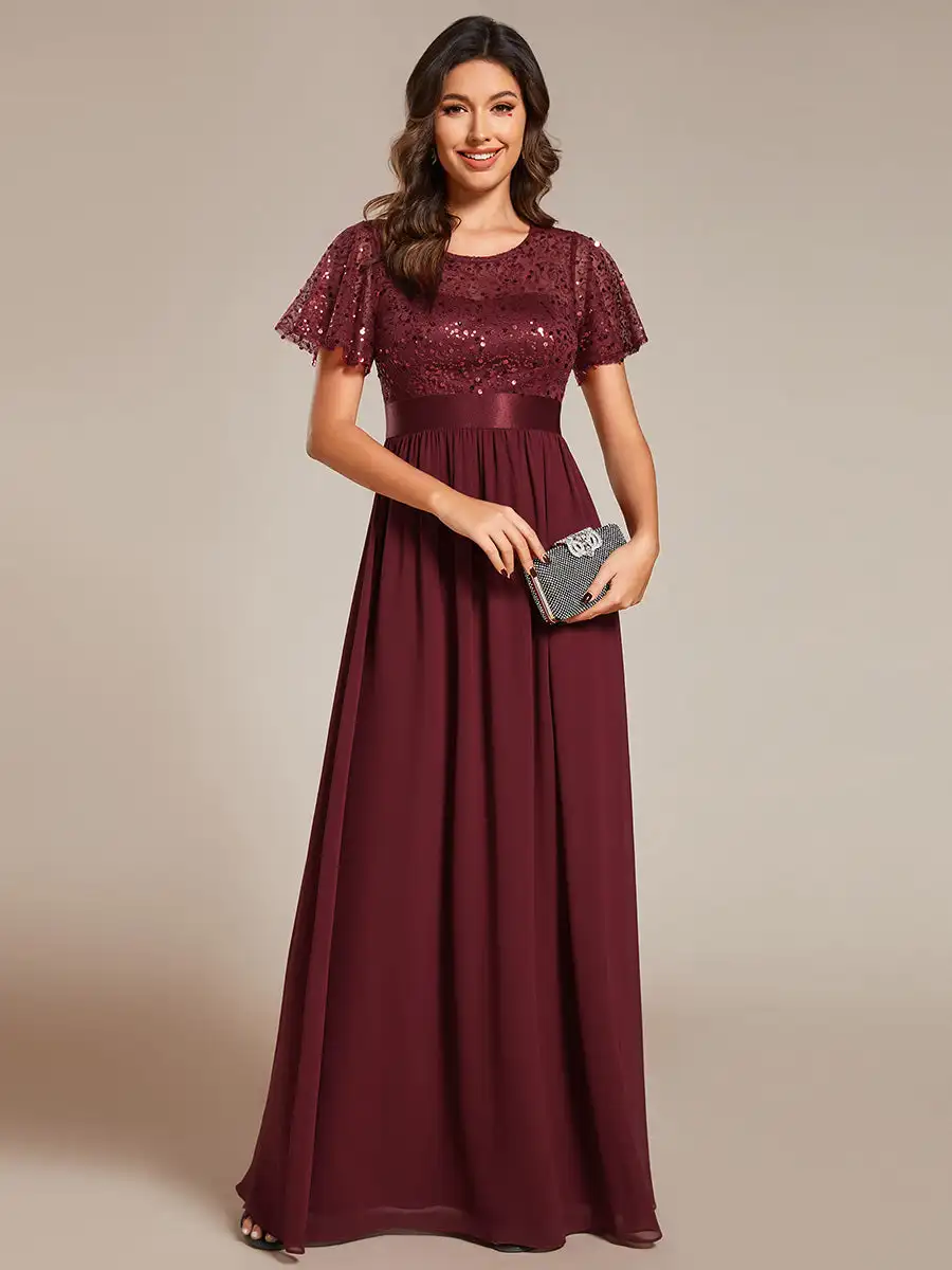 

Elegant Evening Dresses Round-Neck Sequin High Waist Short-Sleeved Formal 2024 Ever Pretty of Burgundy Bridesmaid dress