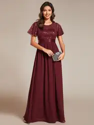 Elegant Evening Dresses Round-Neck Sequin High Waist Short-Sleeved Formal 2024 Ever Pretty of Burgundy Bridesmaid dress