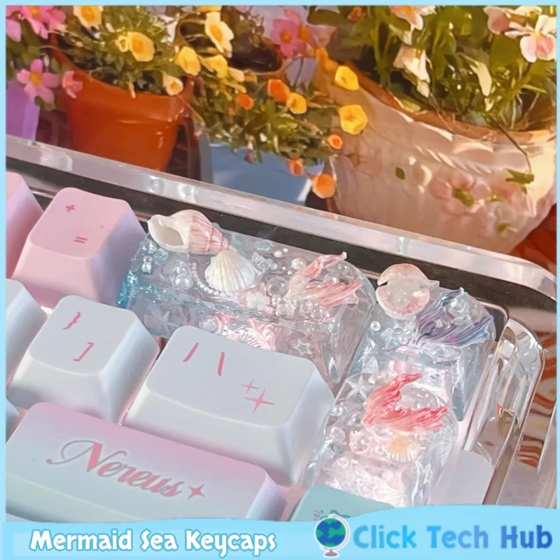 

Колпачки для клавиш Mermaid Sea, прозрачные колпачки для клавиш 1u/2u/6,25u, оригинальные колпачки для клавиш ручной работы, персонализированные колпачки для механической клавиатуры