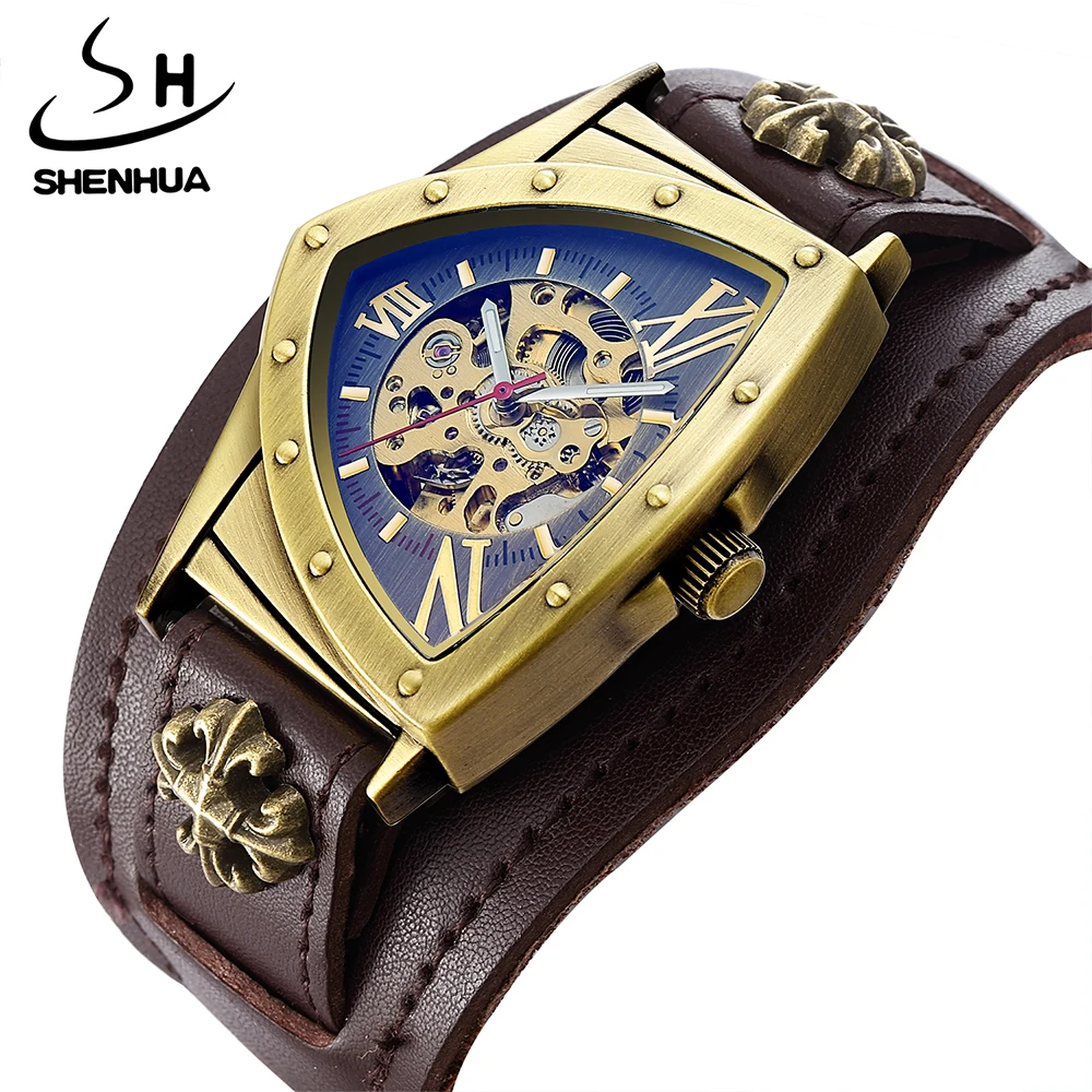 SHENHUA Vintage Gothic Cool Clock Men's Skeleton Automatic Mechanical Watches Steampunk Triangle Leather Strap Rock Wristwatches