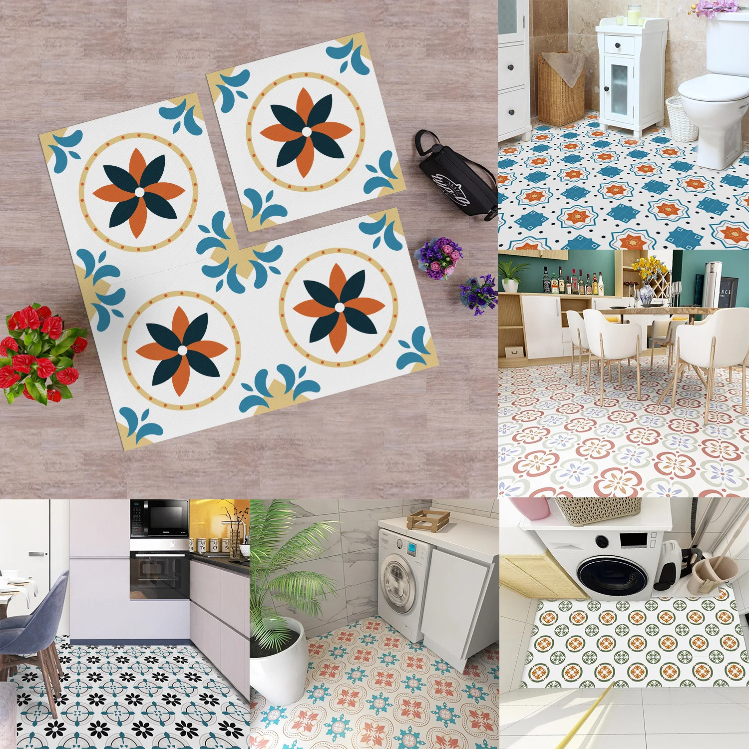 

Colorful Retro Floral Floor Stickers (10 Designs) 30×30cm Twill Film Waterproof Self-Adhesive Tile Decals