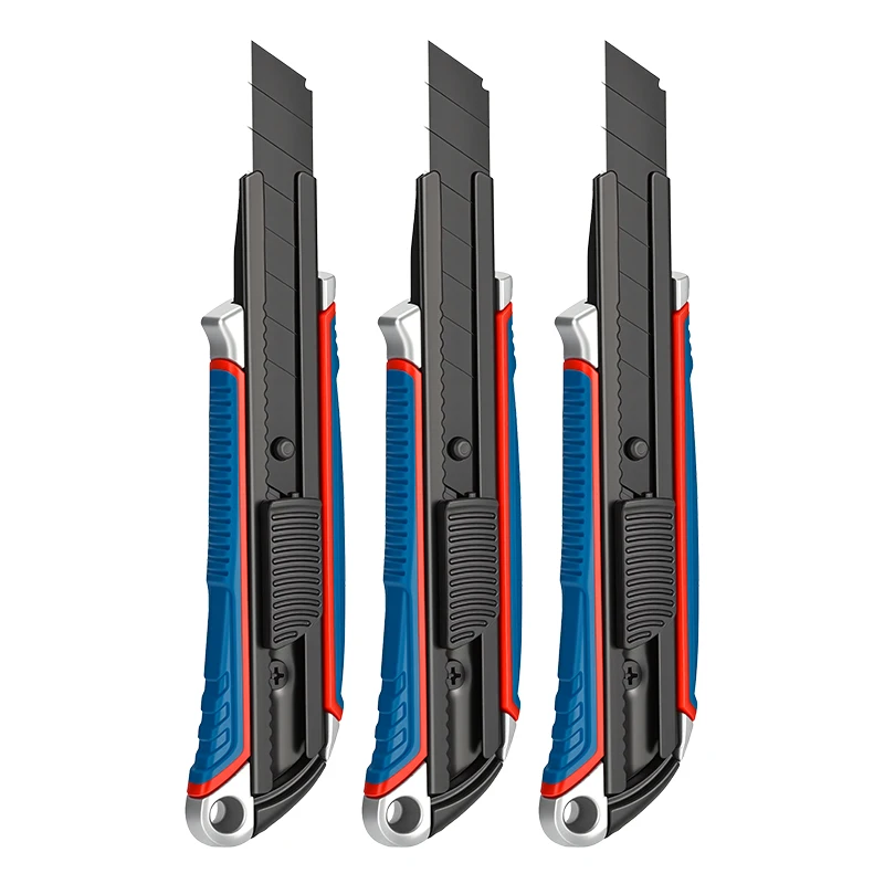 Zware utilitymes met aluminium handvat - Zwarte SK5-mes, geschikt voor 18mm messen, anti-reflecterende afwerking voor professioneel gebruik.