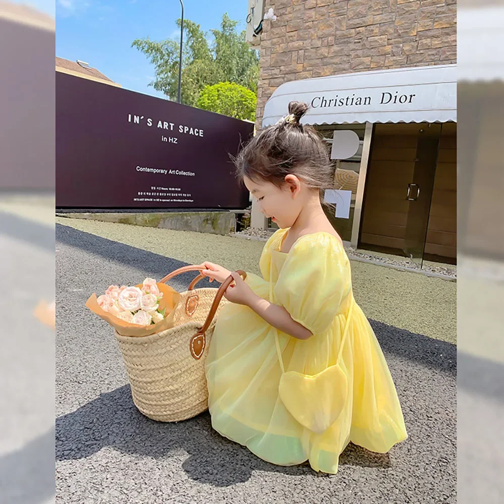 2021 Summer Kids Girls Puff Sleeve Dress Korean Stylish Baby Girls Shiny Yellow Tulle Fairy Princess Dresses Children Clothes