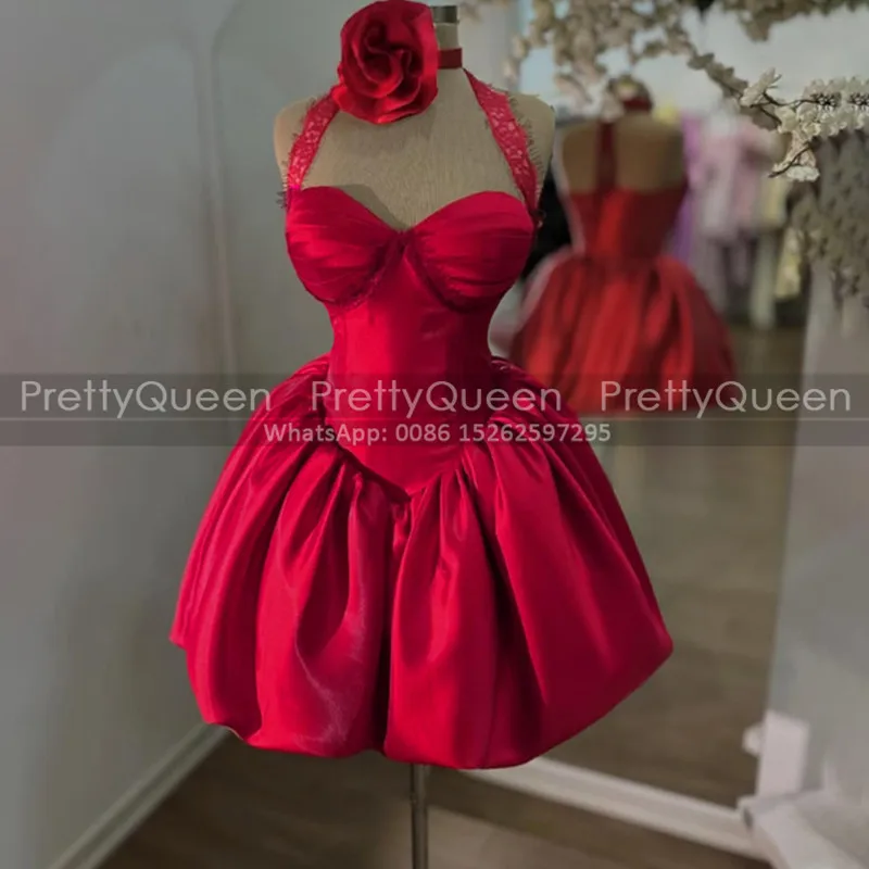 

Red Short Bridesmaid Dresses Puffy A Line Flower Lace Hater Customized Sleeveless Mini Wedding Party Dress For Women