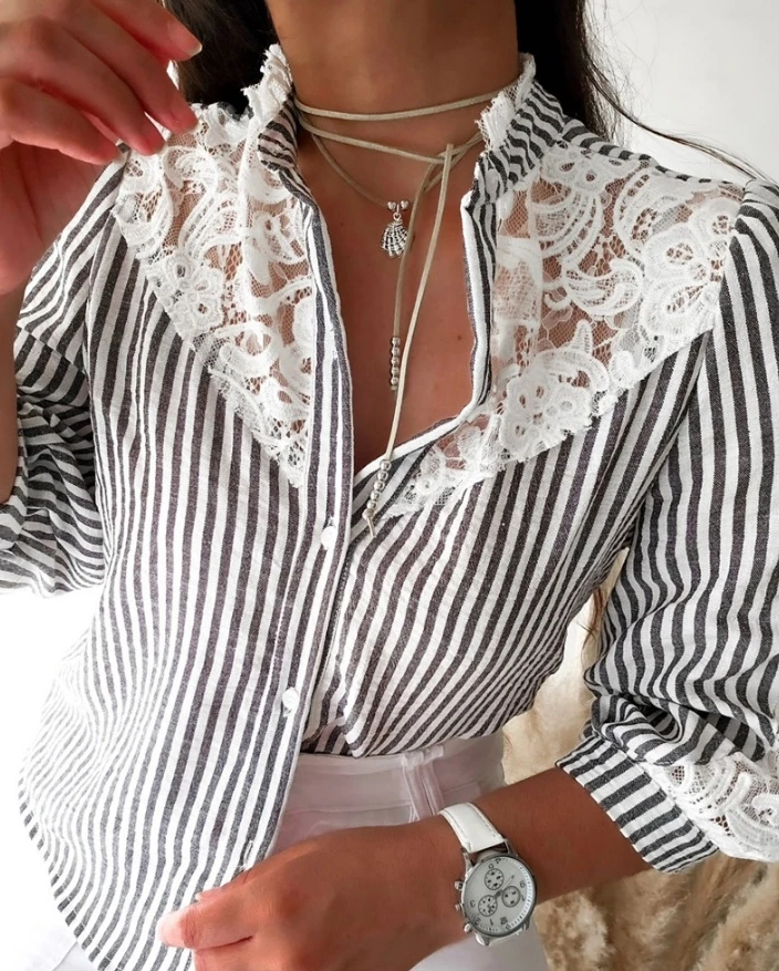 

Fashion casual striped stand up collar long sleeved lace trimmed shirt casual button up shirt 2024 autumn new women's clothing