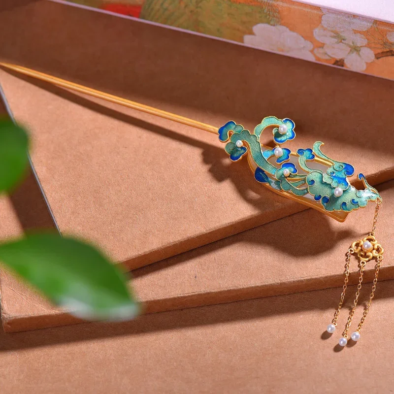 Ancient gold craft natural Hotan Jade hair jewelry for women Enamel auspicious cloud pearl tiara Court style hanfu accessories