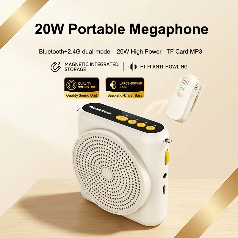 Mégaphone portable 20W avec microphones cravate sans fil, amplificateur vocal pour enseignants, haut-parleur MP3 2 modes BT5.1+2.4G avec carte TF